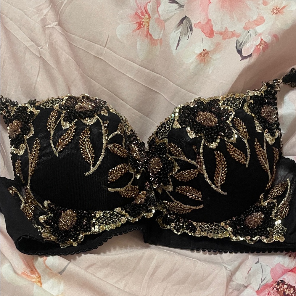 Elegant Black and Gold Embroidered Bra